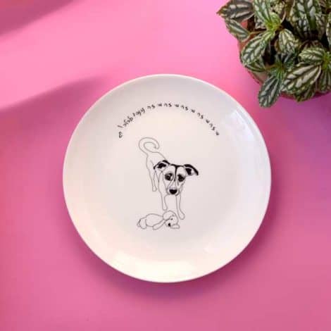 "דון" - צלחת מאוירת (צלחת מצוירת) עם ציור של כלב. "מי זה נכנס? כלבלב!". Illustrated plate