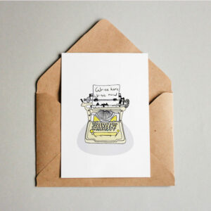 גלויה עם ציור של מכונת כתיבה עתיק וינטג’ “Write here, Write now”