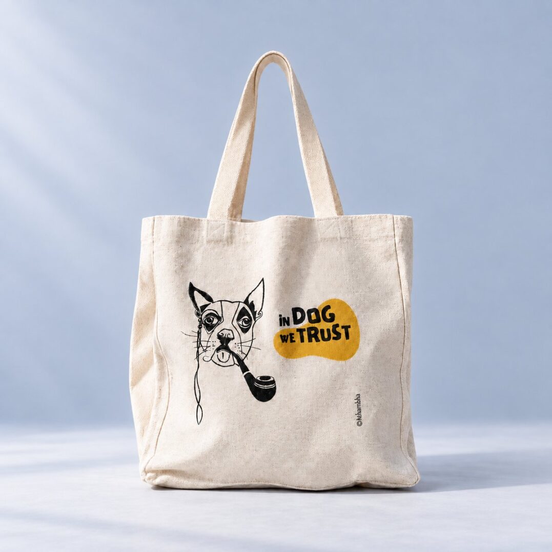 תיק קנבס פיליפ עם איור כלב ומקטרת וכיתוב 'In Dog We Trust' בצהוב, צילום קדמי על רקע כחול-אפרפר בהיר