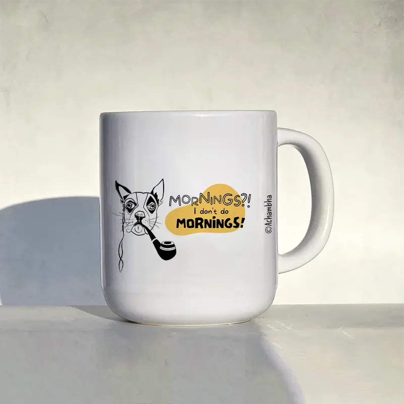 ספל עם איור של פיליפ והמשפט: MORNINGS?! I don't do MORNINGS! על רקע צהוב